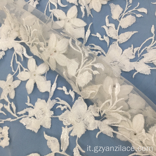 Pizzo Tulle ricamato fiore bianco sporco 3D